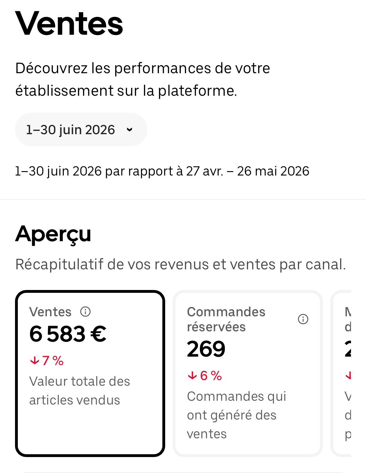 Capture originale des ventes de juin 2026 : 6 583 € de ventes et 269 commandes réservées