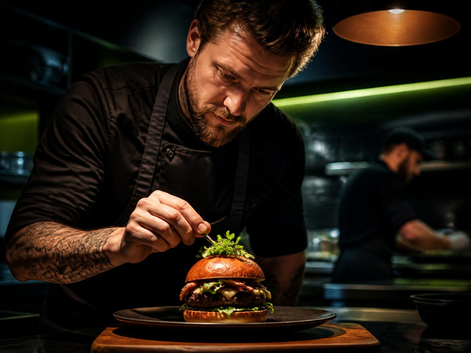 Chef dressant un burger gourmet dans une cuisine de restaurant connectée